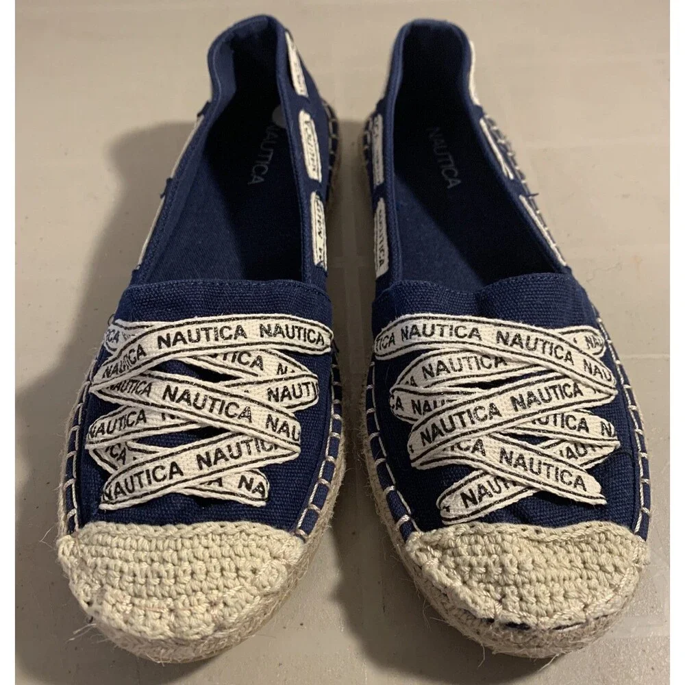 Nautica Shoes Womens 8 Navy White Nautical Canvas Flats Slip Ons Coastal Boat - Picture 1 of 7
